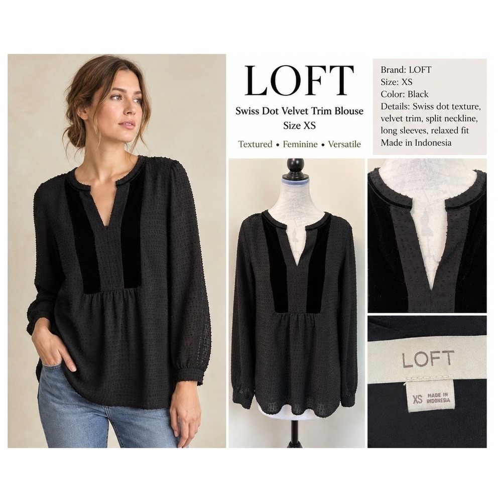 LOFT Blouse Womens XS Romantic Goth Swiss Dot Velvet Trim Black Split Neck Top